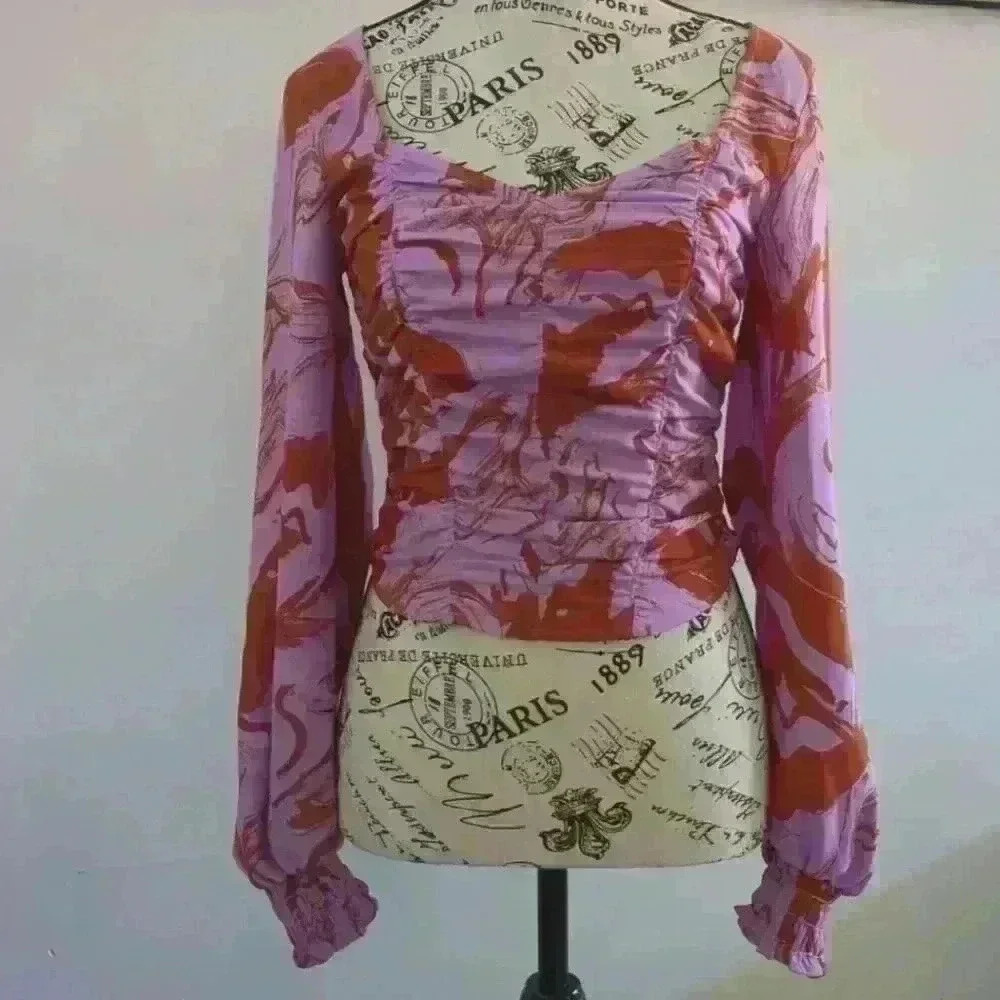 OPEN EDIT | Women's Purple/Rustic  Orange Ruched Long Sleeved Blouse